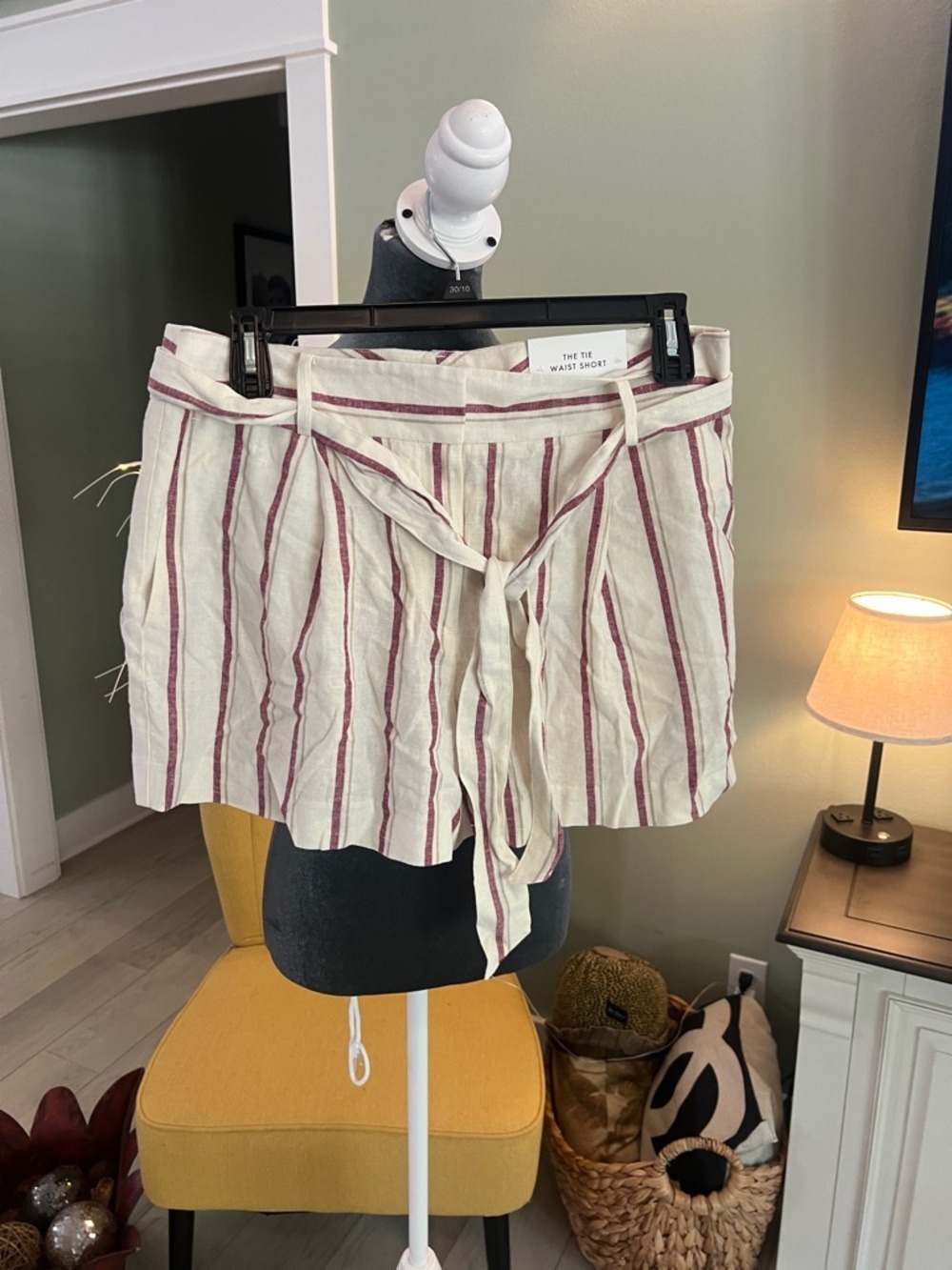 Ann Taylor Cream and Burgundy Striped Tie-Waist Shorts